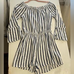 En Creme Navy and White Striped Off-Shoulder Romper